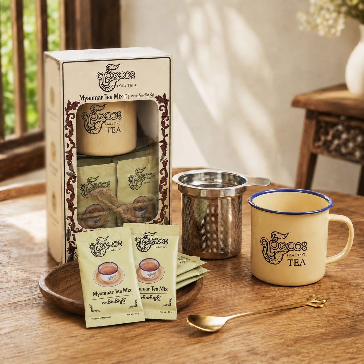 ရုပ်သေး Gift Set ( 14 Tea Bags +Stainless Steel Strainer+Enamel Cup+Tea Spoon)