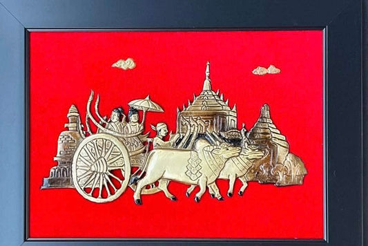 မြန်မာ့ရိုးရာ ကြေးပန်းချီ (ပုံဂံလှည်းယာဉ်) 18” x 13”
