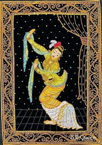 မြန်မာ့ရိုးရာ ရွှေခြည်ထိုးပန်းချီကား(ဘောင်မပါ 27” x 17”) တပင်တိုင်အက